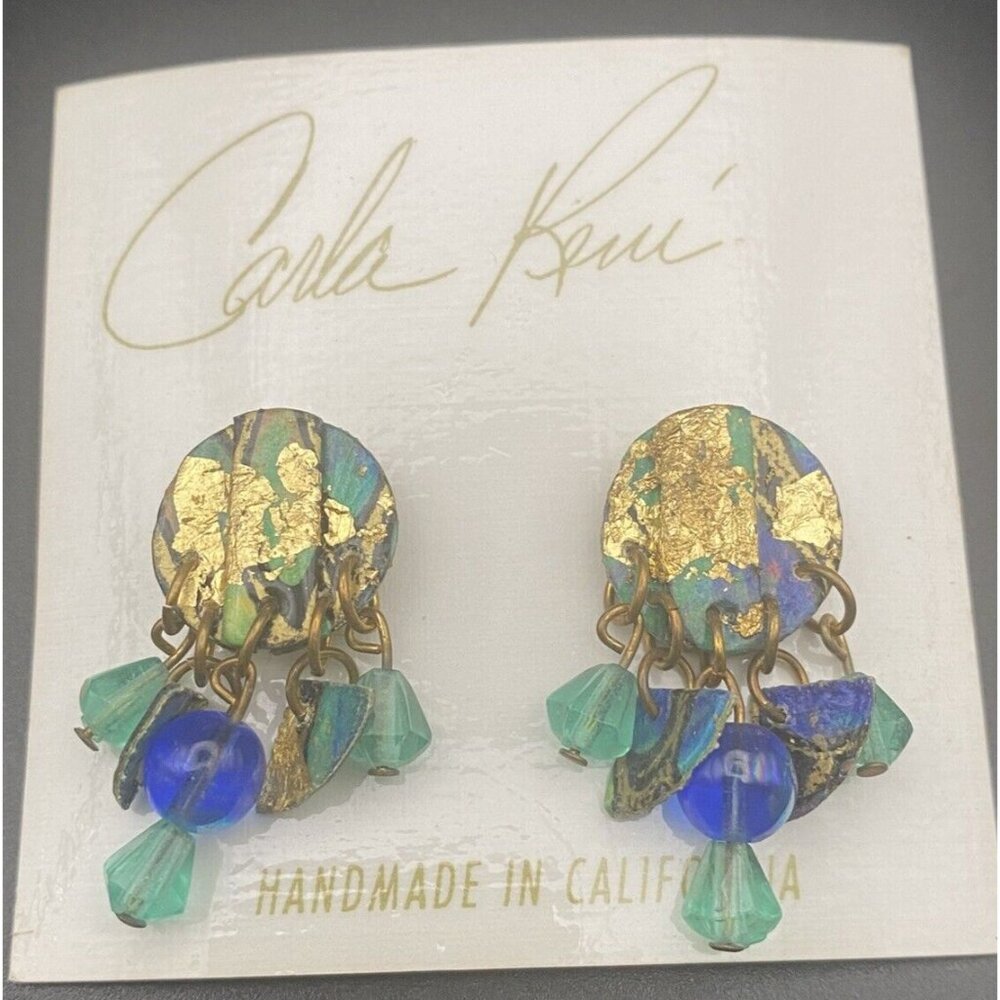 NWT Vtg Earrings Carla Renee Handmade in California Dangle Pierced Blue Green - Picture 2 of 4